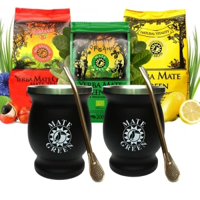 Abbildung von Yerba Mate Tee &#039;Mate Green&#039; Set mit Guarana 200g BIO Zitrone Stahl matetee becher Double Wall Black und Edelstahl Trinkhalm