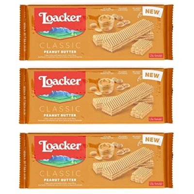Abbildung von 3x Loacker Wafer Classic Peanut Butter Waffeln mit Erdnusscreme Erdnussbutter 175g