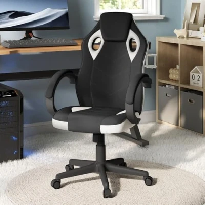 Abbildung von WOLTU Gaming Stuhl Stoff für Sommer, Atmungsaktiver Bürostuhl, Drehstuhl, Gamer Stuhl, Ergonomischer PC 150 kg belastbar, mit Armlehnen, höhenverstellbar, gepolstert, Mesh Gewebe, Weiß, BS142ws