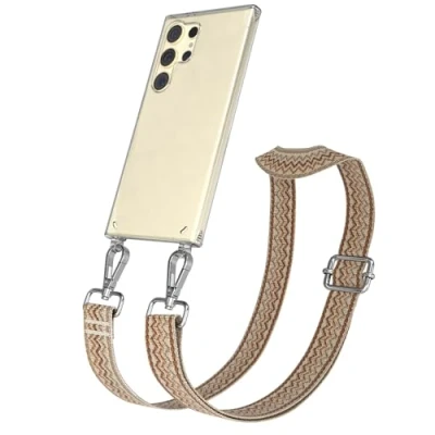 Abbildung von EAZY CASE Handykette Verstellbares Taschenband kompatibel mit Galaxy S24 Ultra, Schulterriemen, Handykordel Silikon Hülle, Umhängetasche, Beige Braun Silber