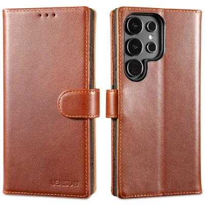 Abbildung von LENSUN Echtleder Hülle für Samsung Galaxy S24 Ultra, Handyhülle [Echtes Leder] [Standfunktion] Lederhülle Flip Handytasche Ultra 5G Dunkelbraun