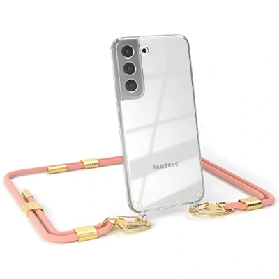 Abbildung von EAZY CASE kombinierbare Handyketten kompatibel mit Samsung Galaxy S22 5G, Transparente Silikon Hülle stylischen rundem Umhängeband, abnehmbar durch Karabiner, Handykordel, Korall Clips Gold