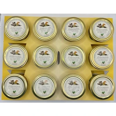 Abbildung von 12er Tray Leberpastete mit Wildschwein und Pfifferlingen 100g Glas