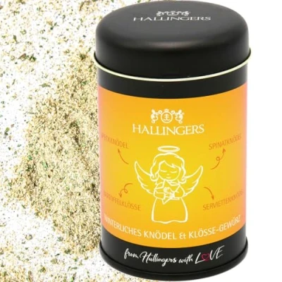Abbildung von Hallingers Winterliches Knödel &amp; Klöße Gewürz Geschenk zu Weihnachten, Mischung für Speckknödel, Kartoffelklöße Spinatknödel (Dose) Adventskalender Neuheiten befüllen
