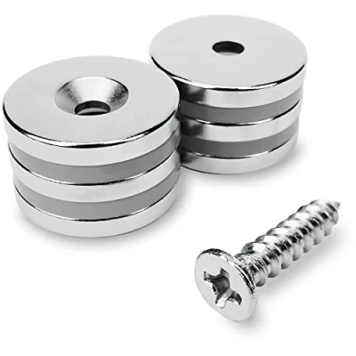 Abbildung von Sensei 6 Stück Ring Neodymmagnet 20x3 mm mit Öffnung für Schraube, belastbar bis 4,5 kg + Holzschrauben im Set