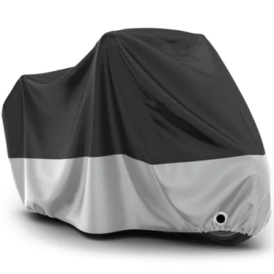 Abbildung von Favoto Motorradabdeckung Outdoor Wasserdicht XXXL Motorrad Abdeckplane Staubdicht UV Schutz mit Schlossloch Winddichte Schnalle Polyester Schwarz Silber 265cmx105cmx125cm
