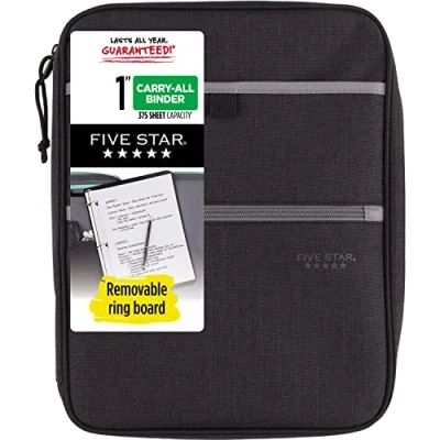 Abbildung von Five Star 29092IT8 Ordner mit Reißverschluss, 2,5 cm (1 Zoll) 3 Ringbuch, Tragetasche Innentaschen und Trennwänden, 375 Blatt Gesamtkapazität, meliert schwarz/grau