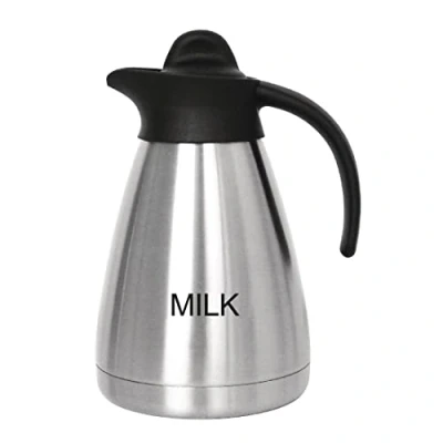 Abbildung von Olympia Vakuum Milchkännchen mit Schraubverschluss, 1000 ml/ 35 oz, Edelstahl schwarzem Deckel, Milchaufdruck auf der Seite, Buffetstationen für Tee und Kaffee, CL372