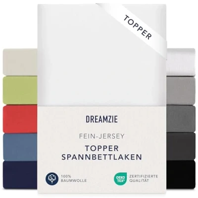 Abbildung von Dreamzie Premium Topper Spannbettlaken 180x200 cm 200x200 extra niedriger Steg für Boxspringbett Topperauflage Spannbetttuch Jersey Baumwolle, 150 g/m² Oeko TEX Weiß