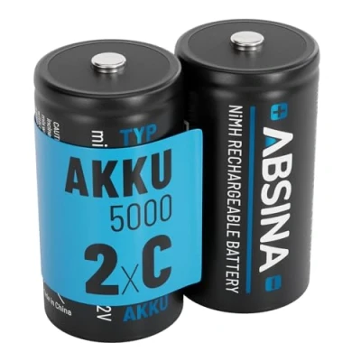 Abbildung von ABSINA 2X Batterien C Baby LR 14 wiederaufladbar 5000 mit geringer Selbstentladung Akku NiMH min. 4500mAh &amp; 1,2V Akku, Batterien, C, Batterie LR14