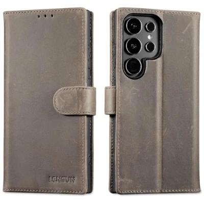 Abbildung von LENSUN Lederhülle für Samsung Galaxy S24 Ultra, Handyhülle [Echtes Leder] [Bookstyle] Flip Handytasche Echtleder Hülle Ultra 5G Graubraun