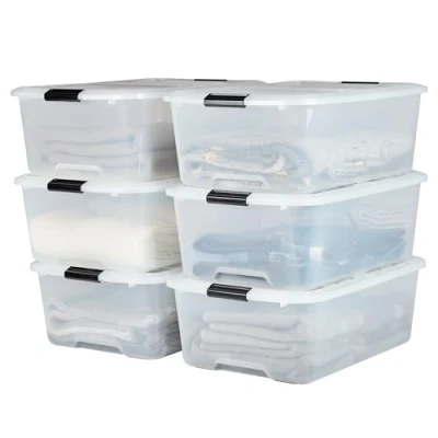 Abbildung von Iris Ohyama Aufbewahrungsbox mit Deckel, 30L, 6er Set, Transparent, Schnappverschlüsse Griffen, Stapelbar, Stark &amp; Langlebig, Für Kleidung, Garage, Zuhause, Büro, Plastikbox, Lagerung TBH 30