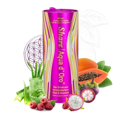 Abbildung von ShareAqua d&#039;Oro Getränk aus den Säften von fermentiertem Obst &amp; Gemüse Super Food natürlich Mikrobiom Vitaldrink im Alltag, auf Reisen, beim Fasten. Natürlich, einfach, lecker. 240ml