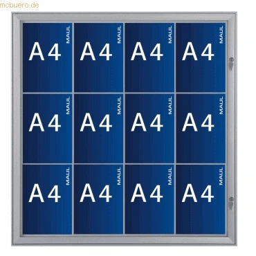 Abbildung von MAUL Schaukasten A4 MAULexcite Vitrine mit 12 x DIN Seiten Infotafel Aluminiumrahmen und Glastür Platzsparende flache Bauweise Abschließbar Schloss Aluminium
