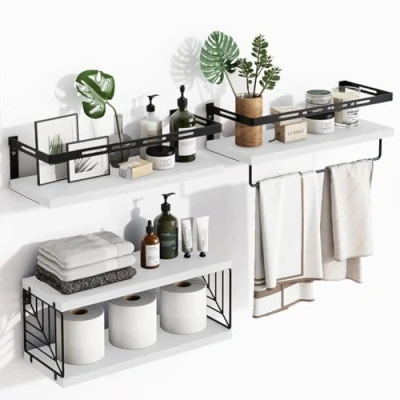 Abbildung von BAKAJI Set mit 3 + 1 Wandregalen aus Massivholz, Mehrzweck Wandregale, Halterungen und Korb Metall, Regal für Schlafzimmer, Wohnzimmer, Küche, Badezimmer, Bücherregal, platzsparend (weiß)