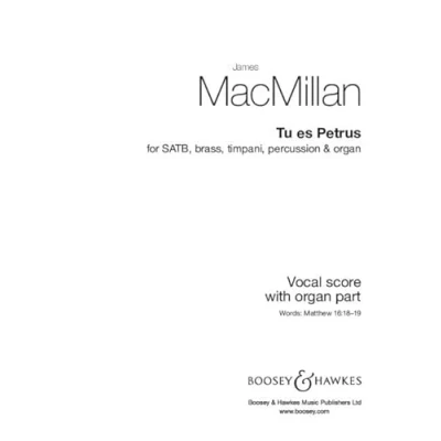 Abbildung von Tu es Petrus: gemischter Chor (SATB), Blechbläser, Pauken, Percussion und Orgel. Chorpartitur.