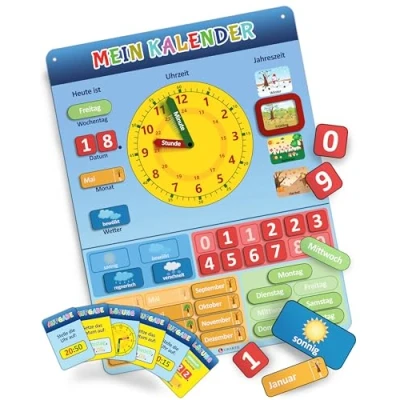 Abbildung von LIKARTO® Kalender für Kinder Lernuhr Montessori Magnettafel inkl. 36 Magnete &amp; 20 Übungskarten Lernen Uhrzeit interaktives