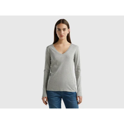 Abbildung von United Colors of Benetton WITH Vneck Langarmshirt, Damen, Größe: 34, Grey