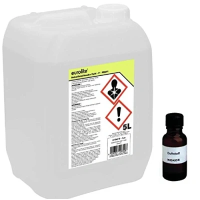 Abbildung von 5 Liter Eurolite P (Profi) Nebelfluid + 30 ml Duftstoff Kokos, Smoke Fluid, Nebel Fluid Flüssigkeit für Nebelmaschine (5 L Duft Kokos)