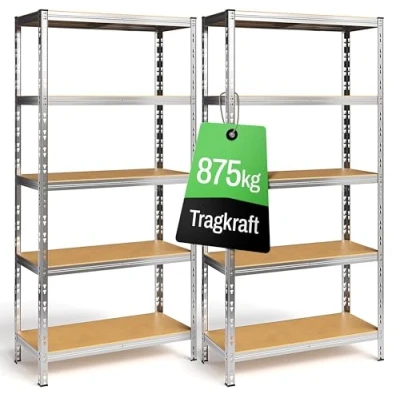 Abbildung von Ondis24 2er Set Metallregal Thomas, Lagerregal 90x40x180 (H) cm, Kellerregal bis 875kg belastbar, Silber, mit 5 Fachböden, je 175 kg höhenverstellbar, Schwerlastregal (1, Easy Mount)