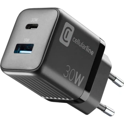 Abbildung von Cellularline Multipower Micro Netzladegerät Super Fast Charger 30W mit 2 USB C Anschlüssen ausgestattet Gan Technologie Kompatibel Smartphones, iPhone, Tablets, iPad und MacBook