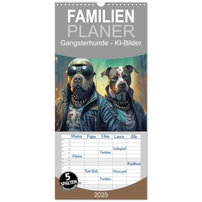 Abbildung von Familienplaner 2025 Gangsterhunde KI Bilder mit 5 Spalten (Wandkalender, 21 cm x 45 cm), CALVENDO