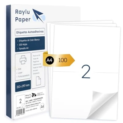 Abbildung von Raylu Paper ® selbstklebende weiße Etiketten zum Drucken, Papieraufkleber auf A4 Bögen für Inkjetdrucker, Laser und Fotokopierer, 2 pro Blatt (210 x 148 mm)
