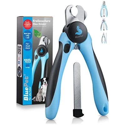 Abbildung von BluePet Krallenschere mit Schutzplatte als Nagelschere für Hunde, Katzen &amp; Kleintiere I Krallenzange kleine große Krallen Krallenfeile im Griff (Größe M L Schutz Blau)