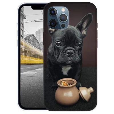 Abbildung von KX Mobile Hülle für iPhone 12/12 Pro Handyhülle Motiv 1451 Französische Bulldogge Hund Schwarz Welpe Premium Silikonhülle SchutzHülle Softcase HandyCover