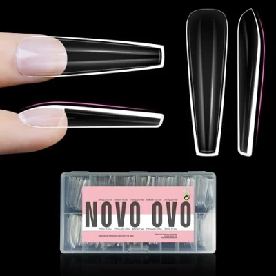 Abbildung von NOVO OVO XXL Sculpted Coffin Nail Tip for Curved Nails, geformte Quadrat für gebogene Nägel, extra dicke lange künstliche vollständige Abdeckung x 15 Größen, 300 Stück