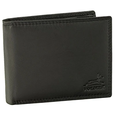 Abbildung von Fa.Volmer ® Leder Geldbörse Herren mit RFID Schutz extra stabile Doppelnaht 6 Fächer für Kreditkarten Querformat Schwarz #Easycomfort Triffold