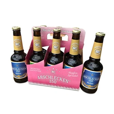 Abbildung von Frauen Sixpack 2 x Arschlecken 350, Hopfensprudel, Hopfensmoothie in der Frauenhandtasche Original ML Helles 0,33 Liter Flaschen (insgesamt 6) Alc.5,2% vol.