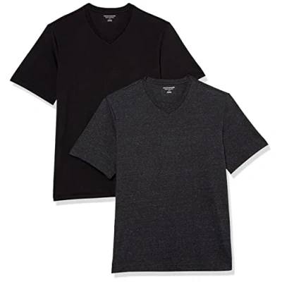 Abbildung von Amazon Essentials Herren Kurzärmliges T Shirt mit V Ausschnitt in normaler Passform (in Übergrößen erhältlich), 2er Pack, Dunkelgrau Meliert/Schwarz, L