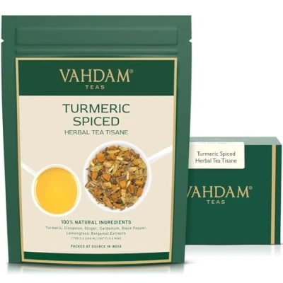 Abbildung von VAHDAM, Turmeric Spiced Herbal Tea Tisane (100g) 100% Reine Zutaten Kurkuma, Bergamotte, Zitronengras, Ingwer und frische Gewürze Als Heiß Oder Eistee Aufbrühen
