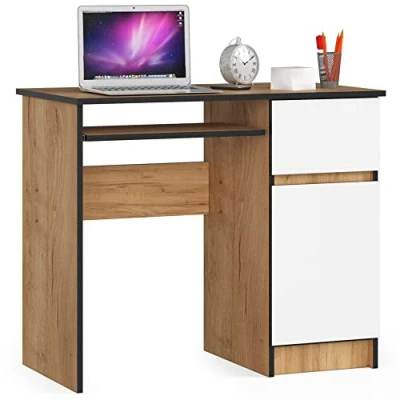 Abbildung von AKORD Piksel Schreibtisch Klein mit Schubladen Office Desk Computertisch Bürotisch Tastaturablage Schublade und Fach Tür B90 x H77 T50 cm 30 kg Schrank Rechts Eiche CraftWeiß