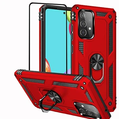 Abbildung von Folmeikat Hülle für Samsung Galaxy A52 5G, A52S 4G, Displayschutzfolie, 360 Grad drehbarer Metallring, Stoßdämpfung, verstärkte Ecken,TPU 5G/A52S 5G/A52 4G Rot
