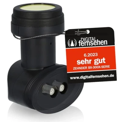 Abbildung von Zehnder Twin LNB mit Sun Protect UV Schutz und Wetterschutzkappe zum herausziehen 2 Teilnehmer 40mm Feed 4K Ultra HD Satellite Digital 2Fach 4G 5G LTE Abschirmung BX 3002