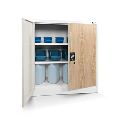 Abbildung von Jan Nowak Kleiner Aktenschrank C001B Büroschrank Metallschrank Aufbewahrungsschrank 2 Verstellbare Fachböden Pulverbeschichtet Abschließbar 92,5 cm x 90 40 (Weiß Holzoptik)