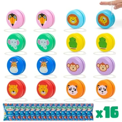 Abbildung von BONNYCO JoJo Kinder Mitgebsel Kindergeburtstag Gastgeschenke Tiere 16 Stück Holz, Kleine Geschenke für Give Aways Set, Pinata Füllung Yoyo Mitbringsel