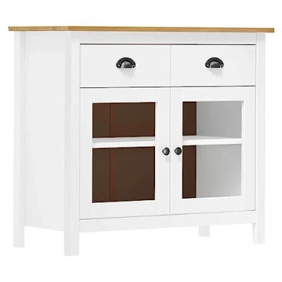 Abbildung von vidaXL Kiefernholz Massiv Sideboard mit 2 Schubladen Glastüren Kommode Beistellschrank Schrank Anrichte Mehrzweckschrank Weiß 90x40x80cm