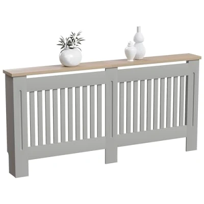Abbildung von Vida Designs Arlington Heizkörperabdeckung, modern, grau lackiert, MDF Schrank, Lamellen, Rillen, oberes Regal aus Holz, extra groß