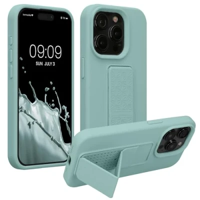 Abbildung von kwmobile Handyhülle kompatibel mit iPhone 15 Pro Hülle Fingerhalter und Standfunktion Silikon Case Handy Cover in Mintgrün