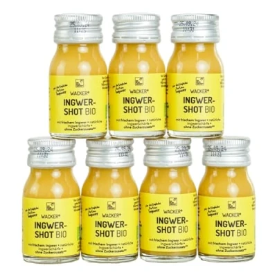 Abbildung von Wacker Ingwer Shots Bio. 7 Wochenpaket. 7x 30 ml. Mit frischem Bio Ingwer. Ohne Zuckerzusatz.