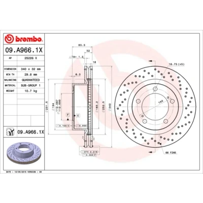 Abbildung von BREMBO XTRA LINE 09.A966.1X Bremsscheibe 340 32 5 gelocht/innenbel. beschichtet TOYOTA: Land Cruiser 200, LEXUS: LX III