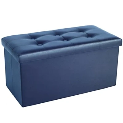 Abbildung von COSYLAND Sitzhocker mit Stauraum, Faltbare Sitzbank, Sitztruhe aus Kunstleder, gepolstert Sitzwürfel Fußhocker Aufbewahrungsbox Deckel, für Wohnzimmer Schlafzimmer, 76x38x38 cm (Marineblau)