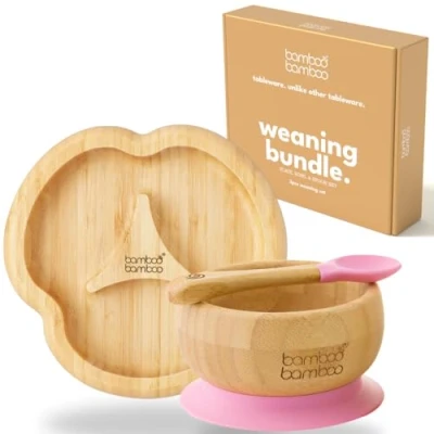 Abbildung von bamboo ® Baby Teller und Schüssel Set Bambus mit Saugnapf für Kinder Ungiftig kühl im Griff Ideal LED Entwöhnung (Schüssel Trennplatte, Rosa)