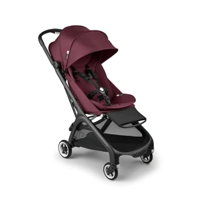 Abbildung von Bugaboo Dragonfly City Kinderwagen, leichter, kompakter Kinderwagen mit Vierradfederung, einhändig zusammenklappbar, XL Untergestellablage, Gestell in Schwarz und Sonnendach Dark Cherry