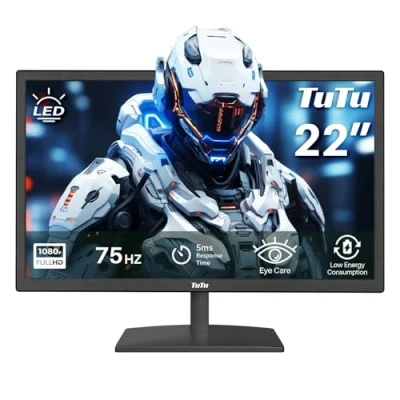 Abbildung von TuTu 21,5 Zoll LED Monitor Full HD 75HZ 5ms Eye Care (1920 x 1080, VGA HDMI VESA 100 * 100mm) Flimmerfrei Blaulichtfilter Niedriger Stromverbrauch für PC Home Office Schwarz