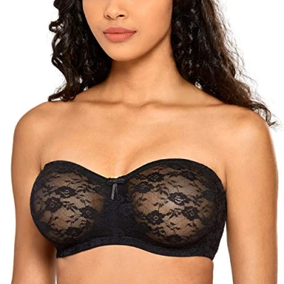 Abbildung von DOBREVA Damen Trägerloser BH mit Bügel Durchsichtig Spitze Dirndl Bandeau BHS Transparenten Trägern Schwarz 75A