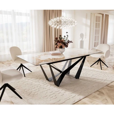 Abbildung von Esstisch Edge 180 220x100 Keramik Minas Melange Weiß Beige Spider Flachstahl Schwarz ausziehbar